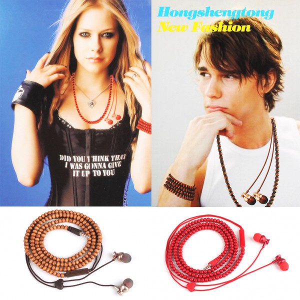 Fashion Wooden Beads Bracelet Earphone Earbuds With Microphone For Iphone Android MP3 Media Player