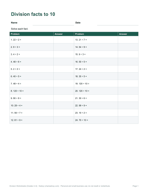 Preview of the first page of Division facts to 10