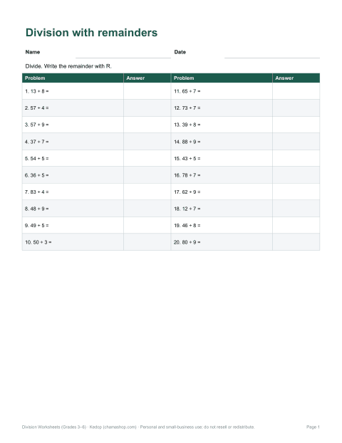 Preview of the first page of Division with remainders