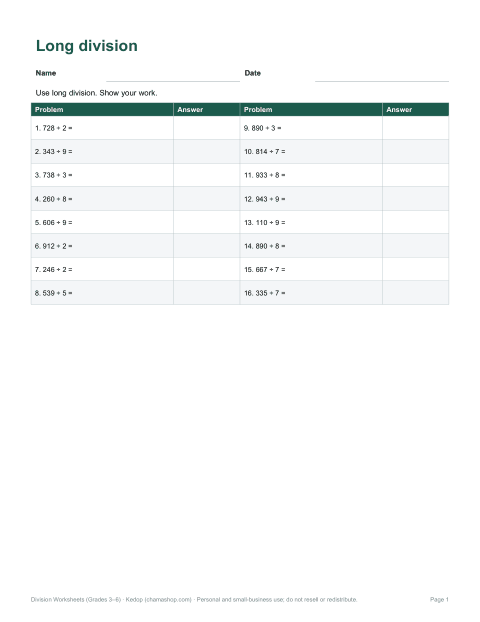 Preview of the first page of Long division