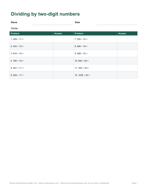 Preview of the first page of Two-digit divisors